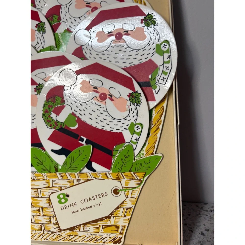 Vintage Santa Claus Drink Coasters 8 Piece Set Foam Backed Vinyl Christmas